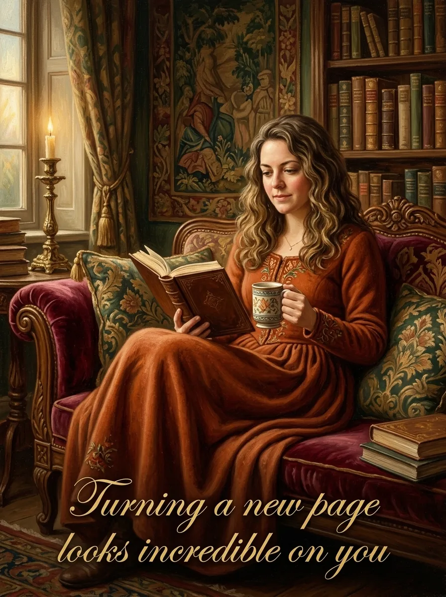 Birthday girl curled up with a book and a mug - renaissance style