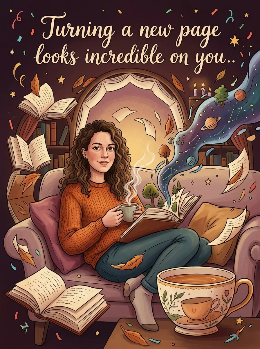 Birthday girl curled up with a book and a mug - surreal style