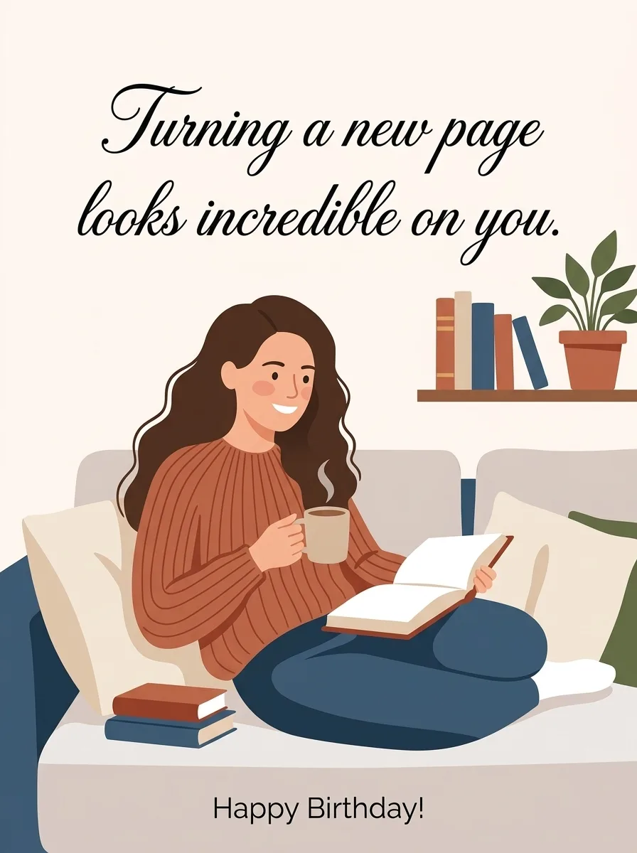 Birthday girl curled up with a book and a mug - minimalist style