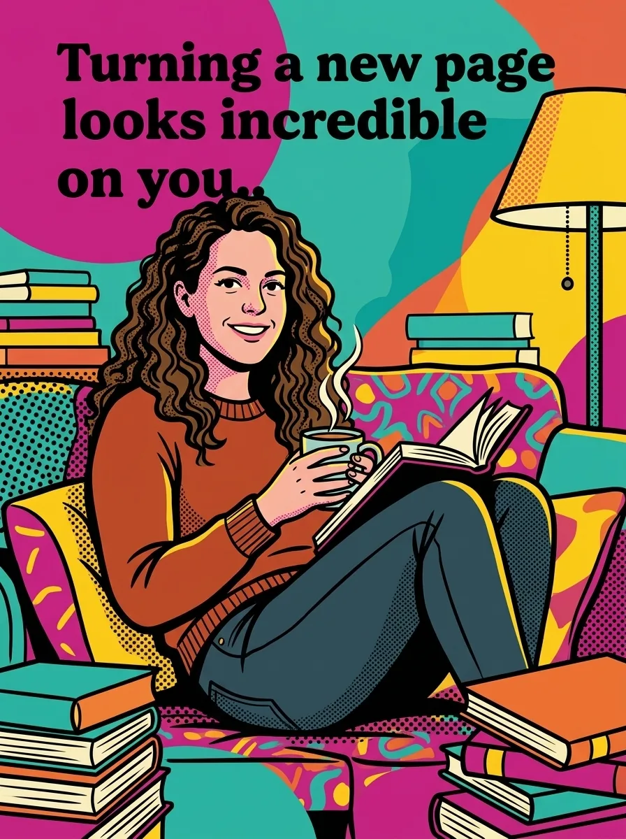 Birthday girl curled up with a book and a mug - pop art style