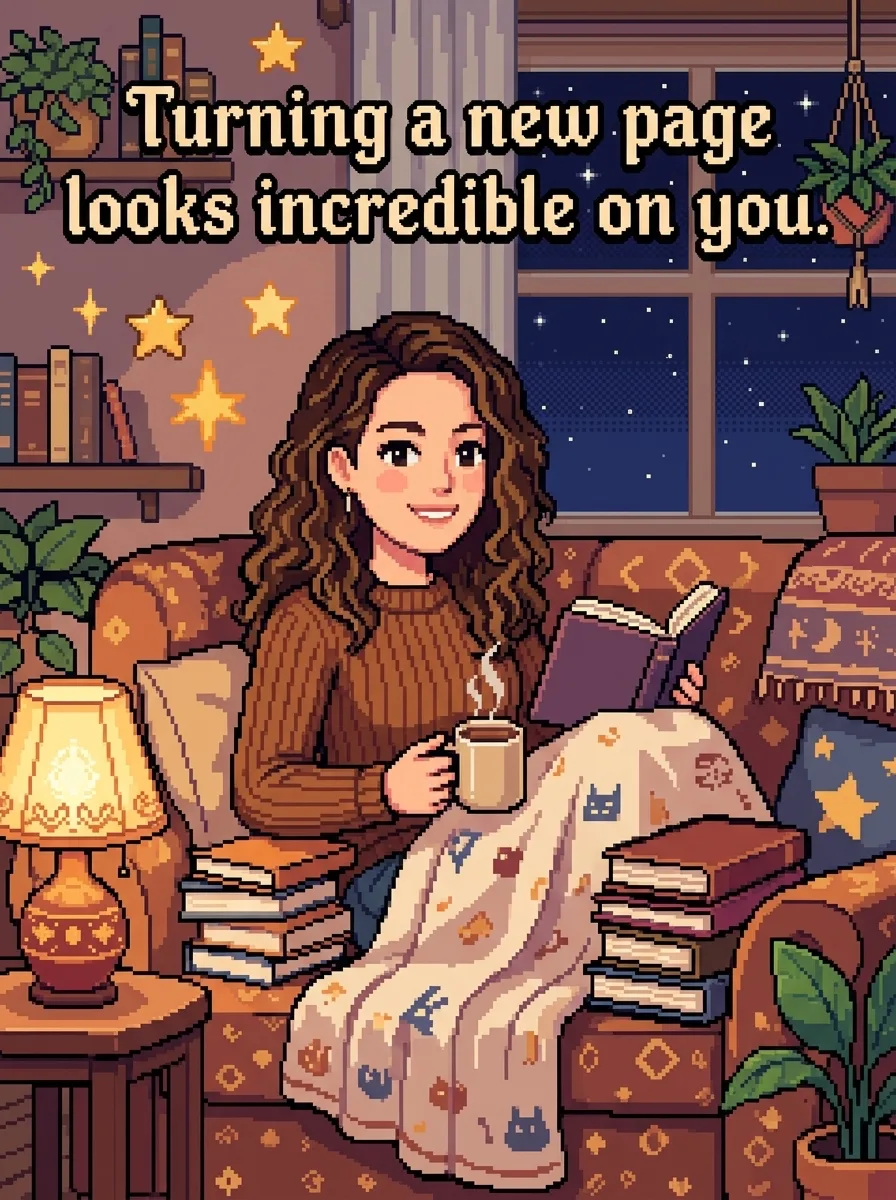 Birthday girl curled up with a book and a mug - pixelated style