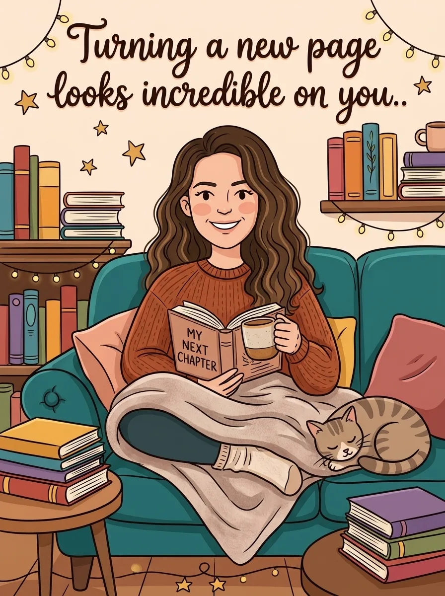 Birthday girl curled up with a book and a mug - cartoon style