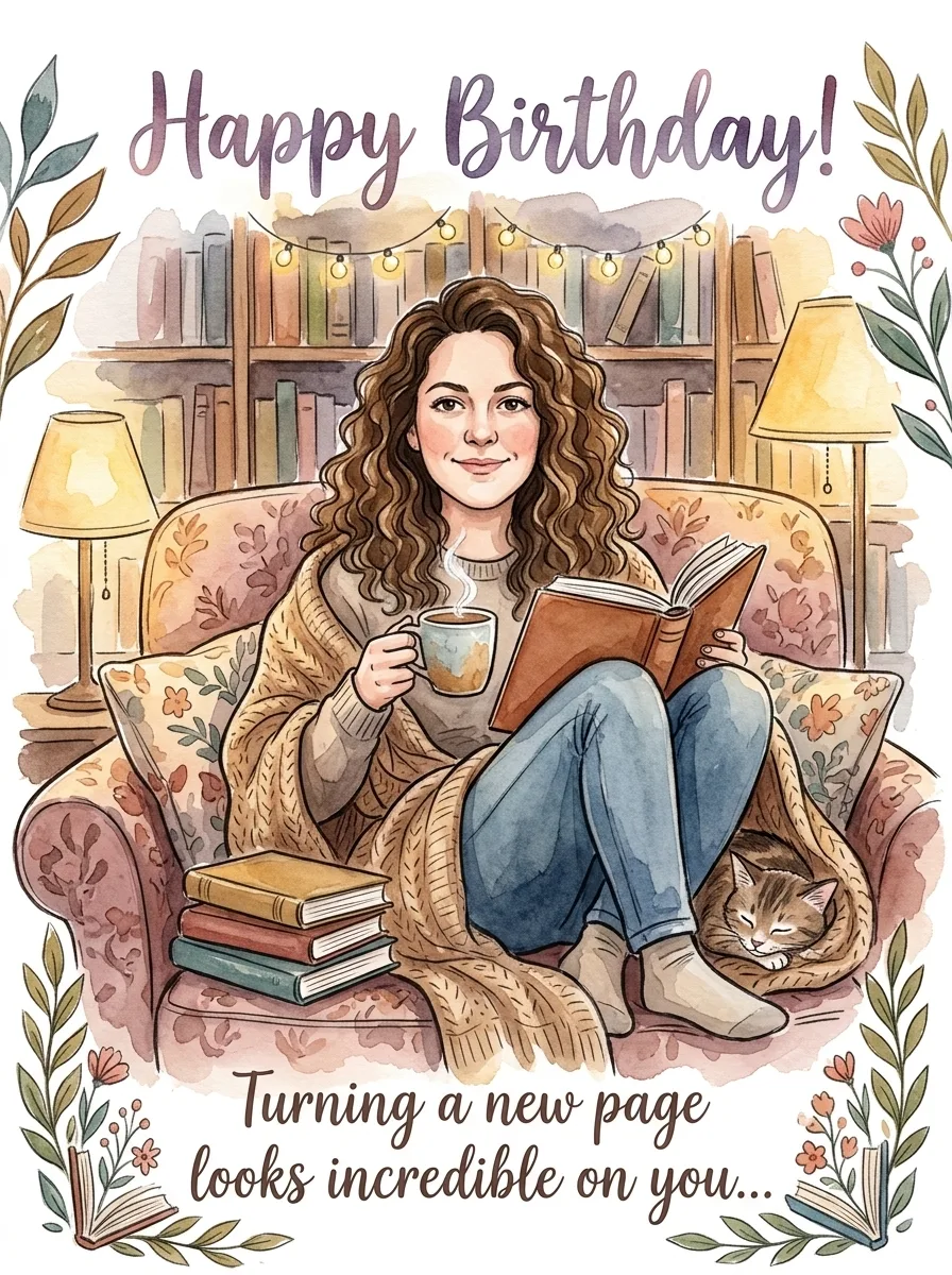 Birthday girl curled up with a book and a mug - water color style