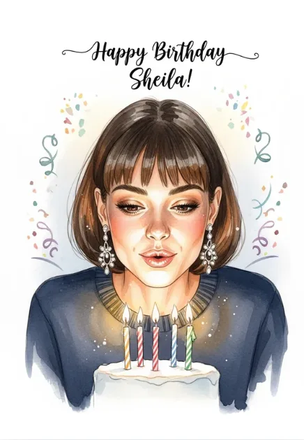Sheila on her birthday card, blowing out candles
