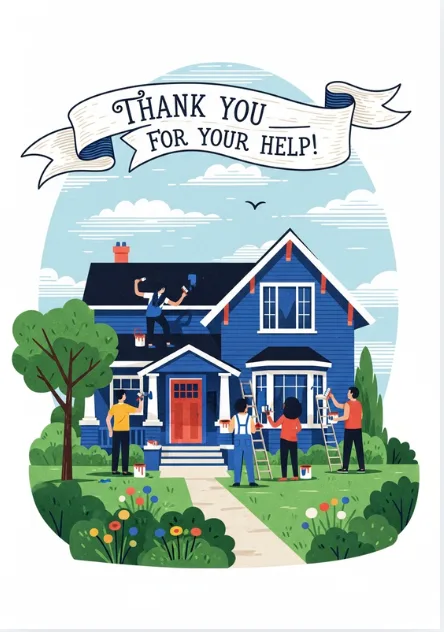Thank you card with people painting a house for their friend