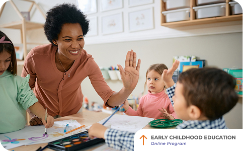 early childhood education early childhood education image, young black femail teacher with 3 kindergaten age students, high-fiving one of the students