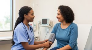 A medical assistant checks a patient's blood pressure during a routine visit, highlighting the supportive role of medical office assistants in patient care.