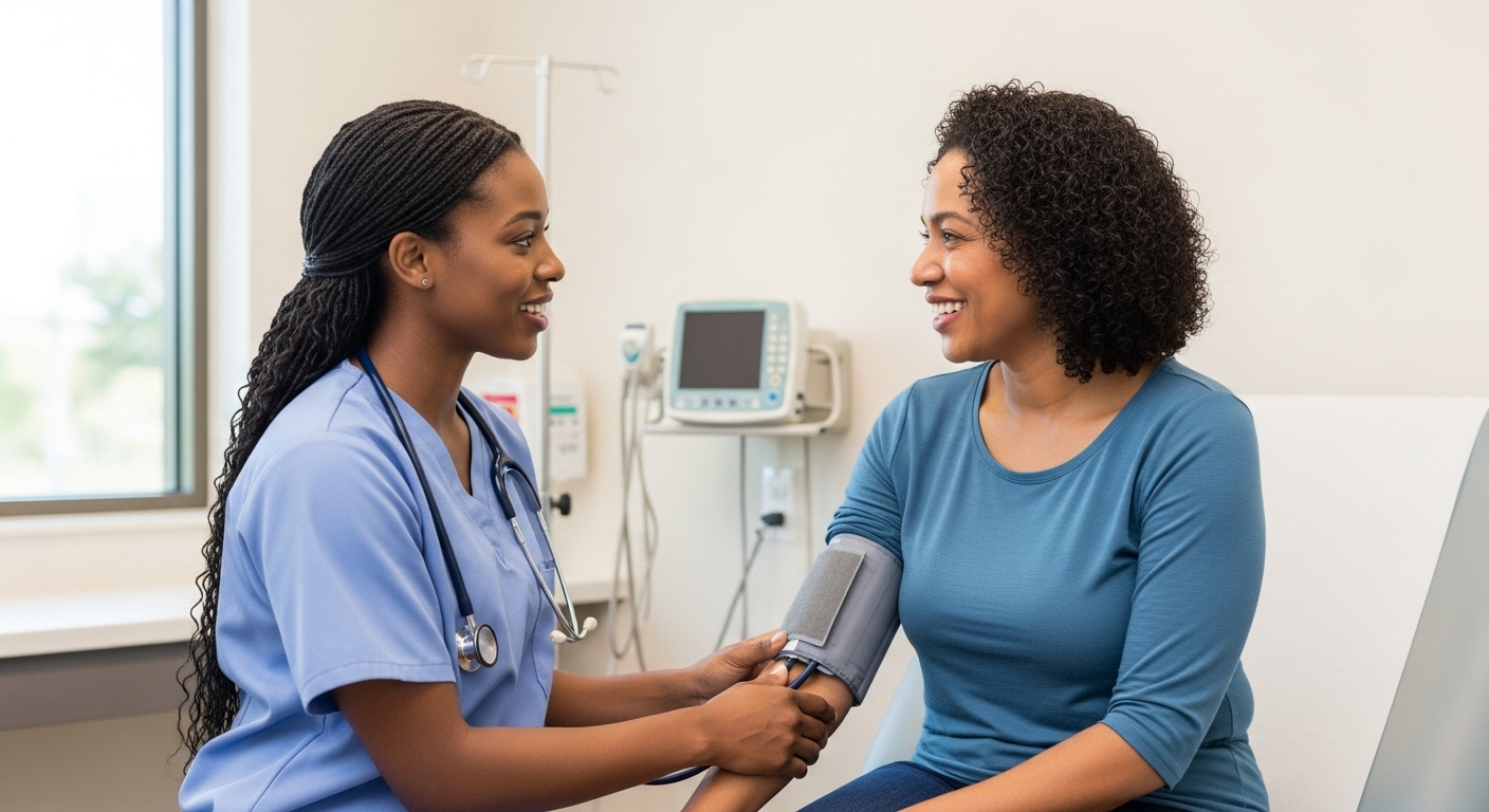 A medical assistant checks a patient's blood pressure during a routine visit, highlighting the supportive role of medical office assistants in patient care.