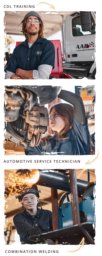 Stack photos of Combination Welding, Automotive Service Technican, and CDL Training students in action