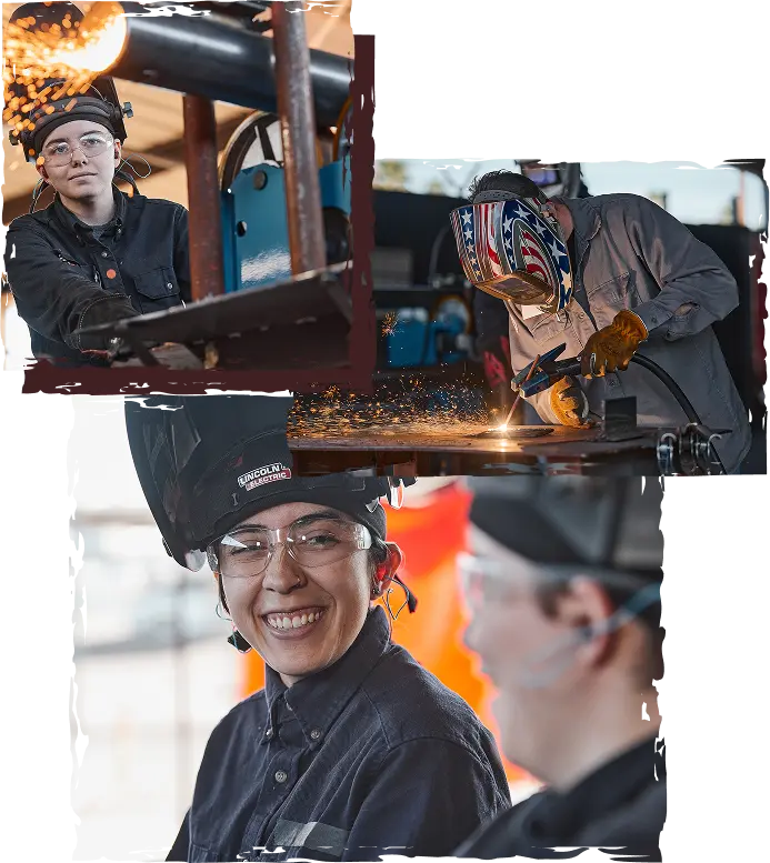 collage of welding students, two women, one student in a welding helmet arc welding