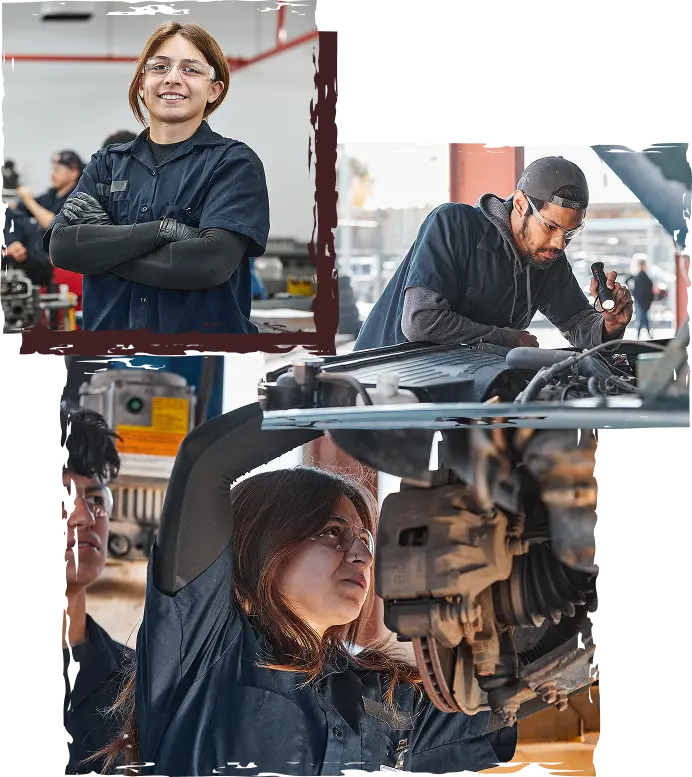 collage of welding students, two women, one student in a welding helmet arc welding