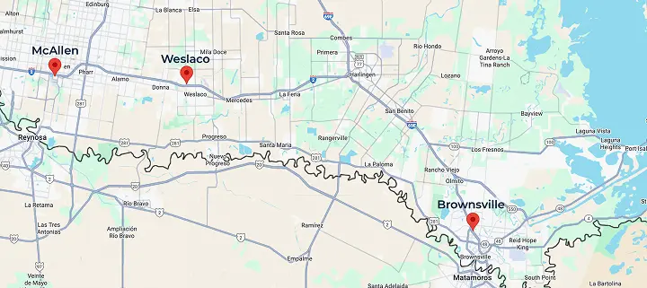 map including the three campuses mcallen, weslaco, and brownsville