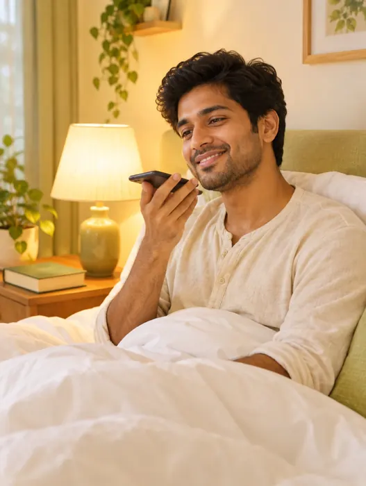 A relaxed young man in bed by warm lamplight, telling his phone about his day