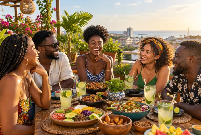 Friends laughing around a sunny rooftop table
