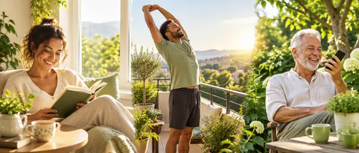 People in sunny everyday moments: reading with tea, stretching on a balcony, laughing into a phone in a garden