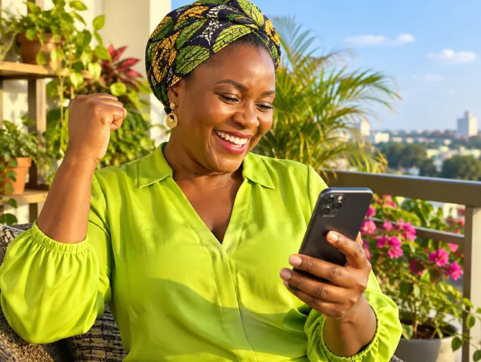 A woman in a lime blouse on a sunny balcony, celebrating a win on her phone
