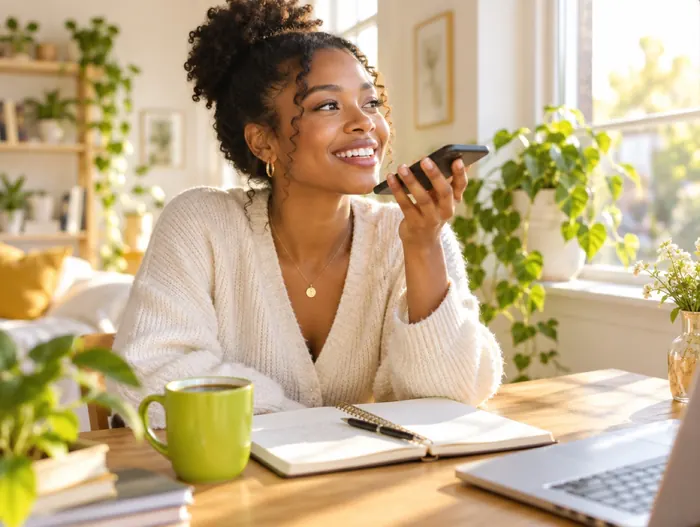 A young woman at a sunny desk with a lime mug, telling her phone what she wants to start
