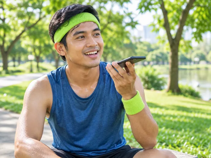 A man in a lime sweatband pausing in a sunny park after a run, recording a voice note