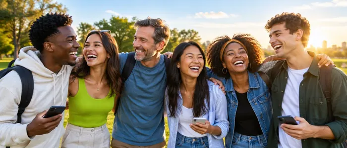 Friends of different ages laughing together in a sunny park at golden hour