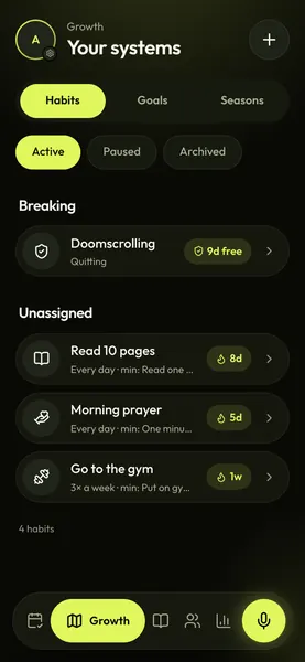 Growth screen with habits