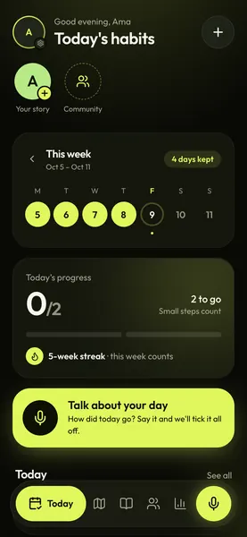 Today screen: this week's kept days, today's progress and the Talk about your day card