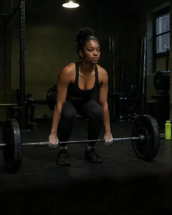 A woman gripping a barbell in a small gym, lime bottle on the floor