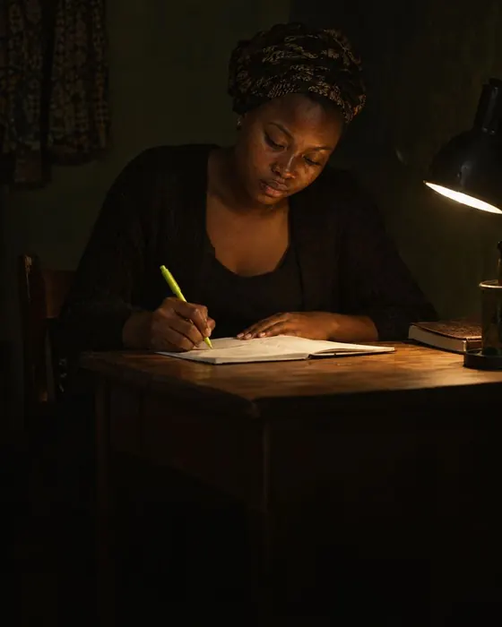 A young woman writing in a notebook by lamplight with a lime pen