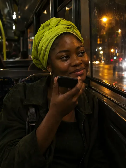 A young woman in a lime headwrap on a night bus, recording a voice note