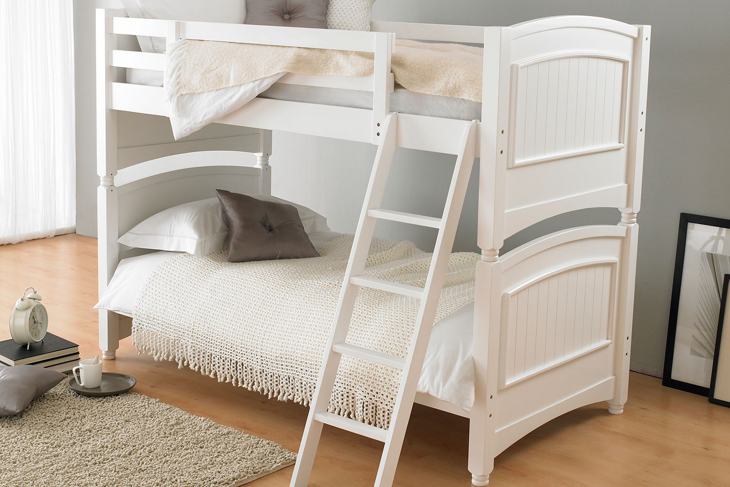 white wooden bunk beds with mattress