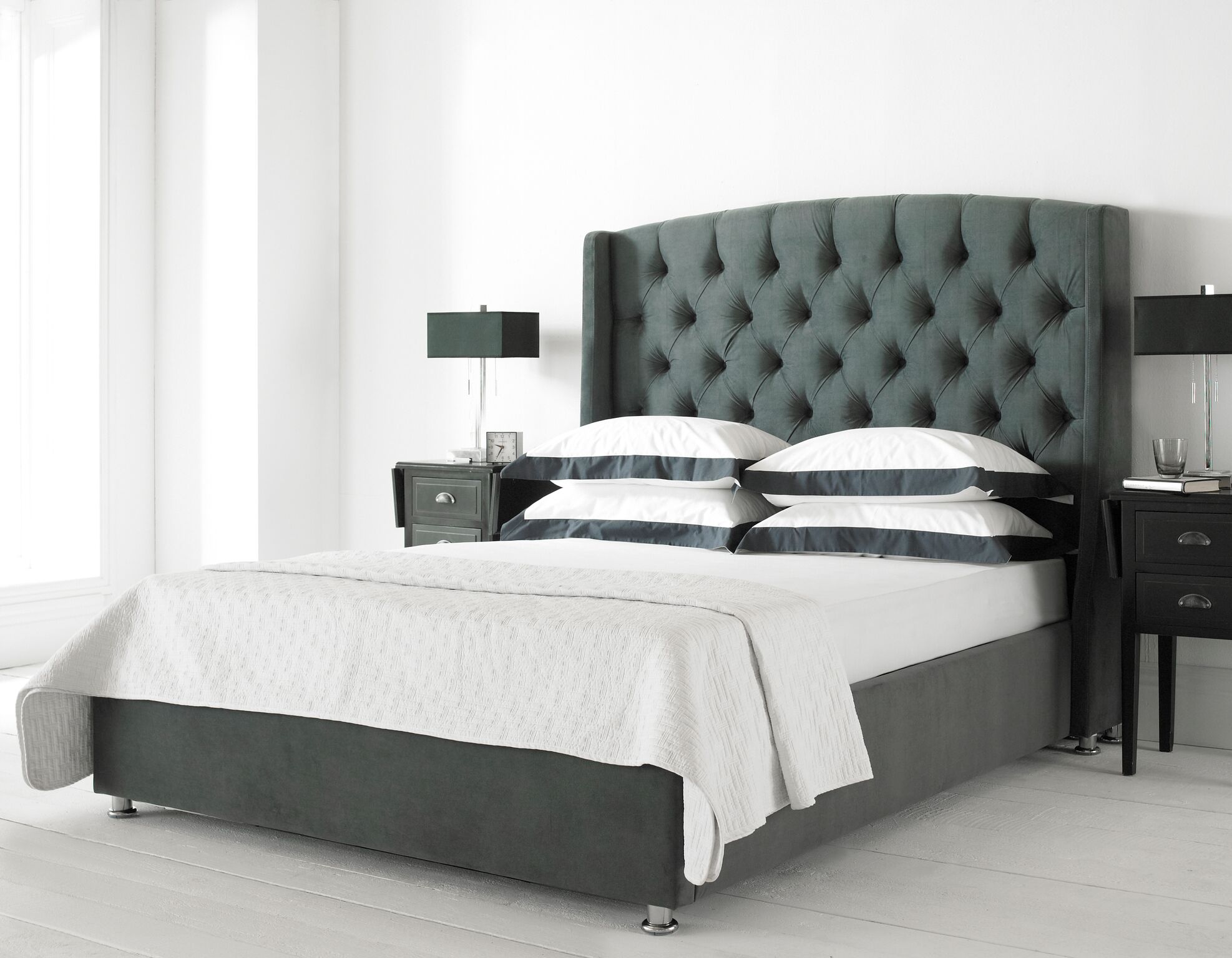 Easily get in & out of bed with your mattress & box spring sitting at the proper height when you use a bed frame from costco. buckingham charcoal velvet ottoman wing bed