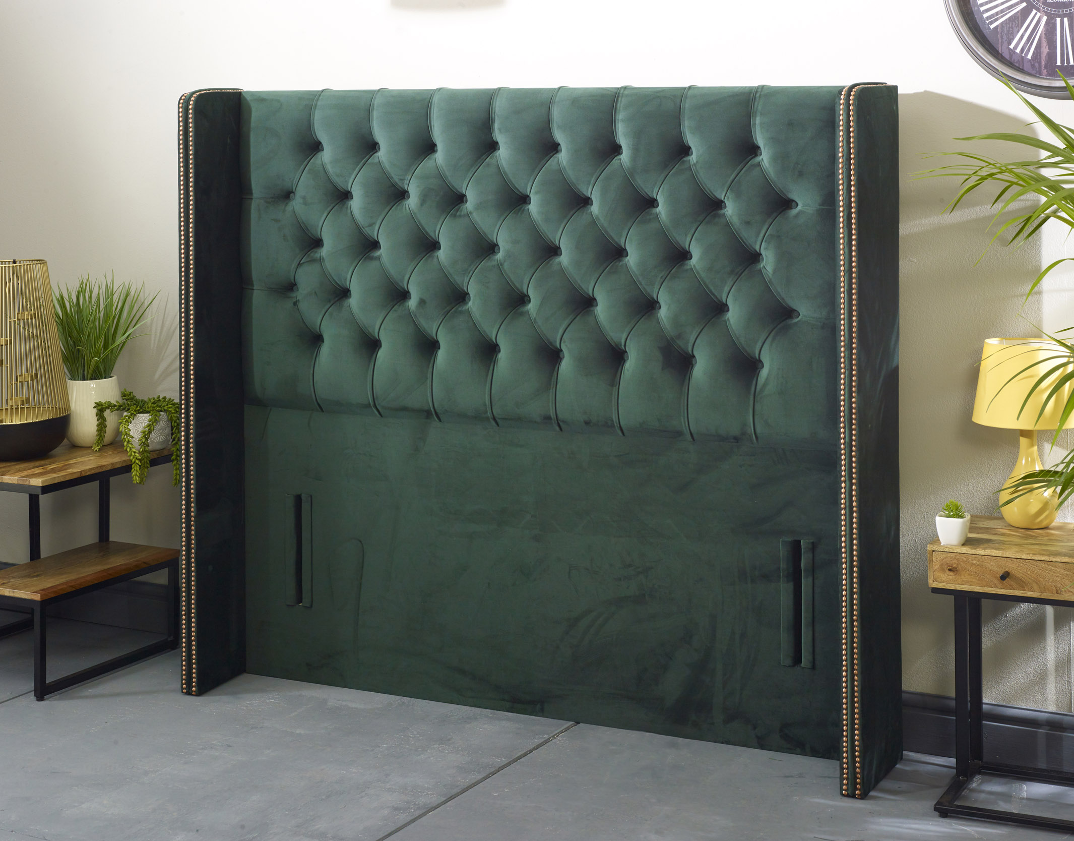 Elle Chesterfield Wing Floor Standing Headboard With Copper Studs