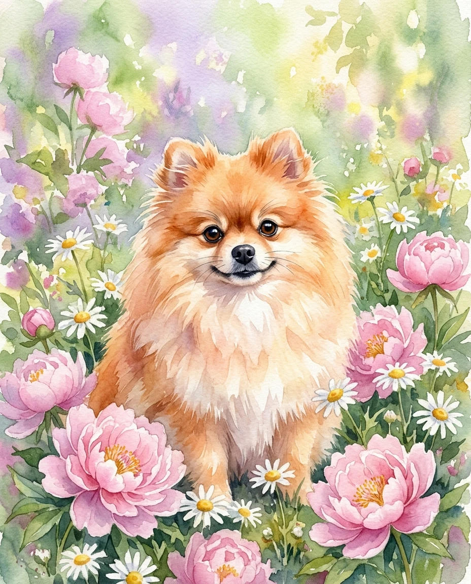 Fluffy Pomeranian in Flowerbed preview 5