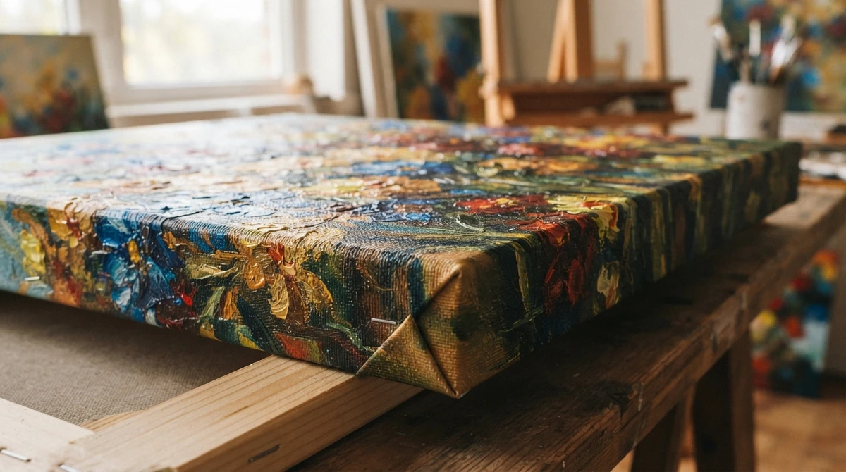 Close-up of a high-quality textured canvas print showing the clean folded corners and rich paint texture.