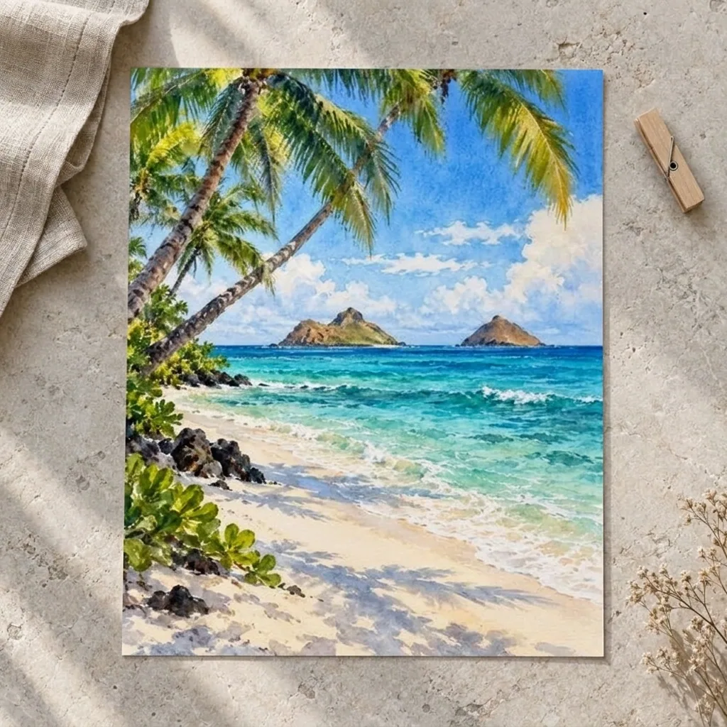 Lanikai Beach Twin Mokuluas (Hawaii) Watercolor preview 3