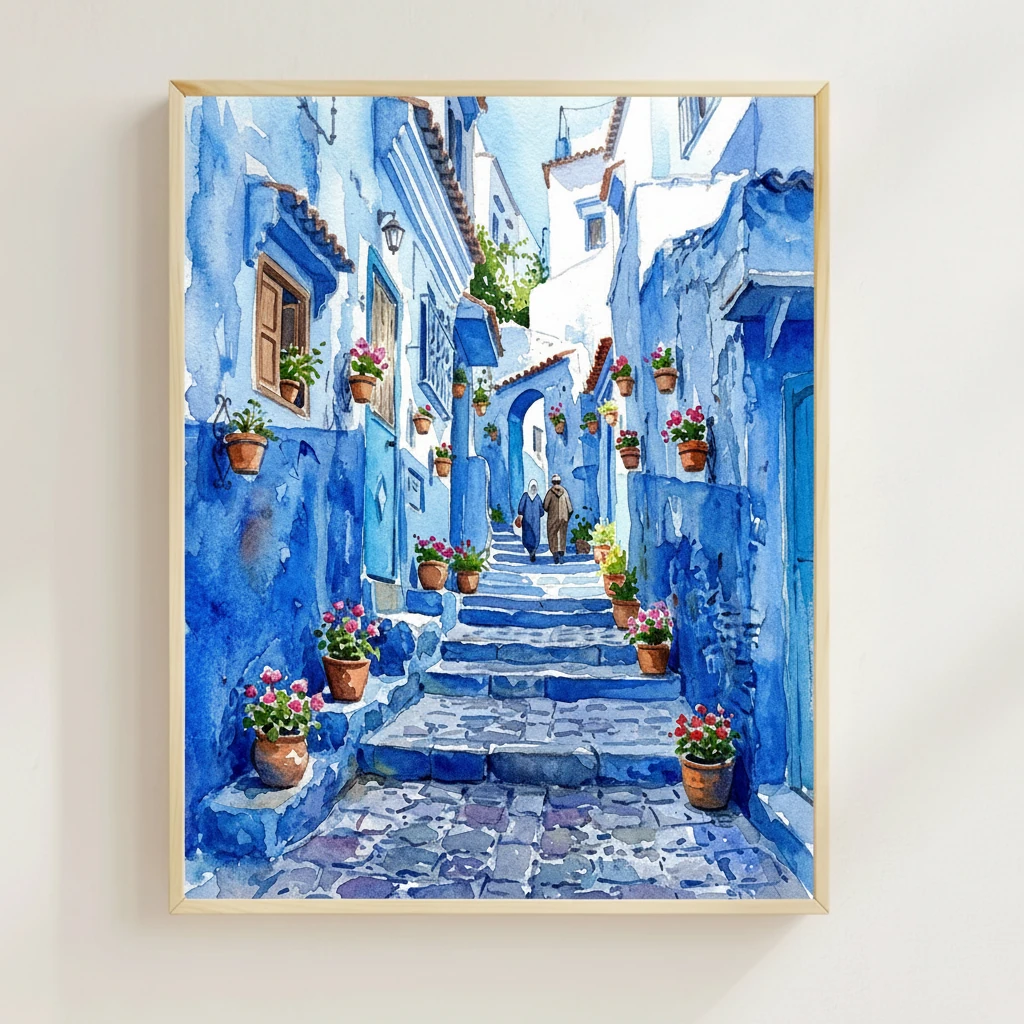 Blue City Alleyway watercolor art print