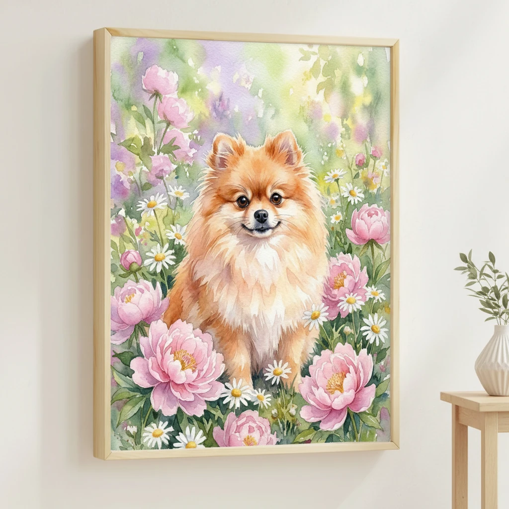 Fluffy Pomeranian in Flowerbed preview 2