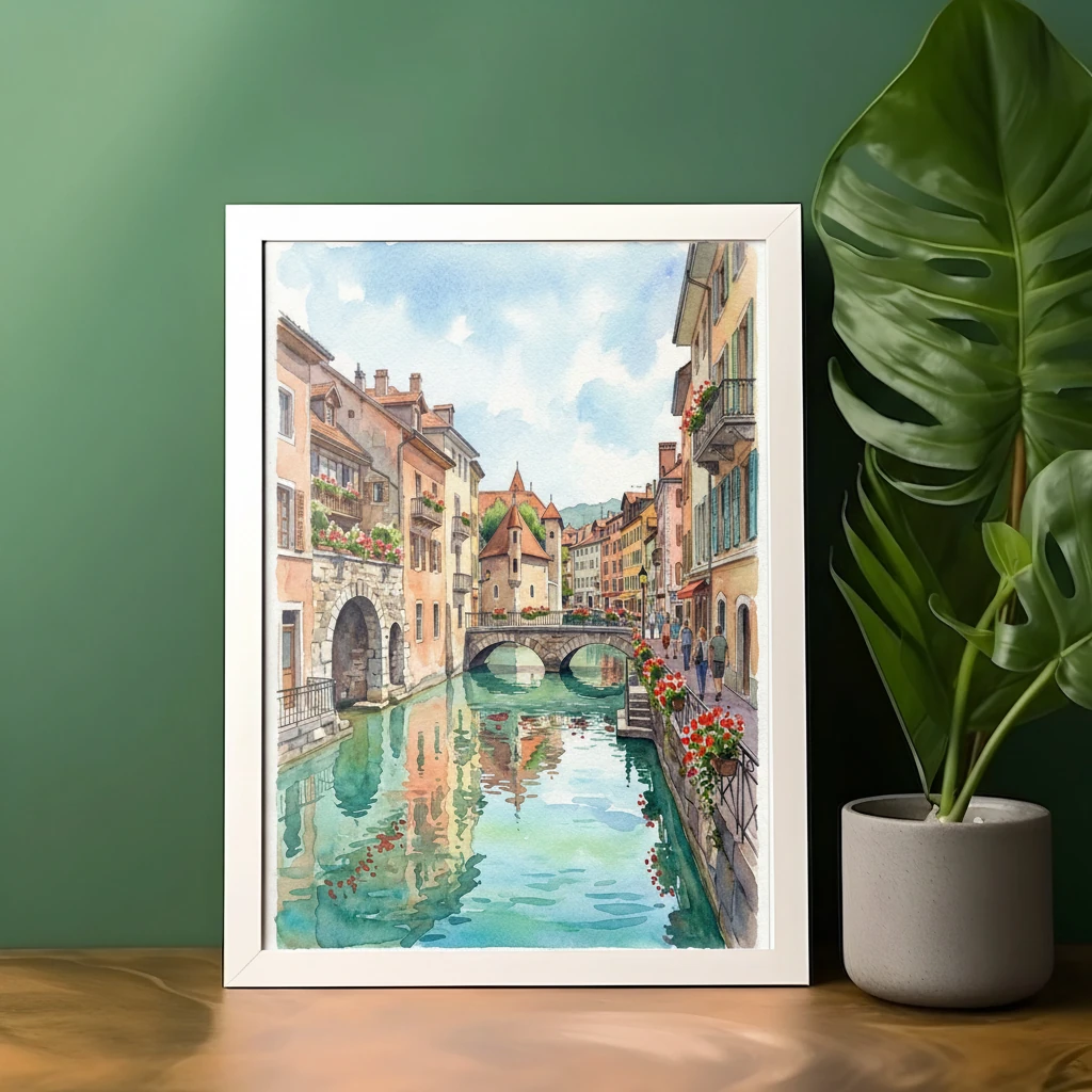 Annecy Canal Houses watercolor art print