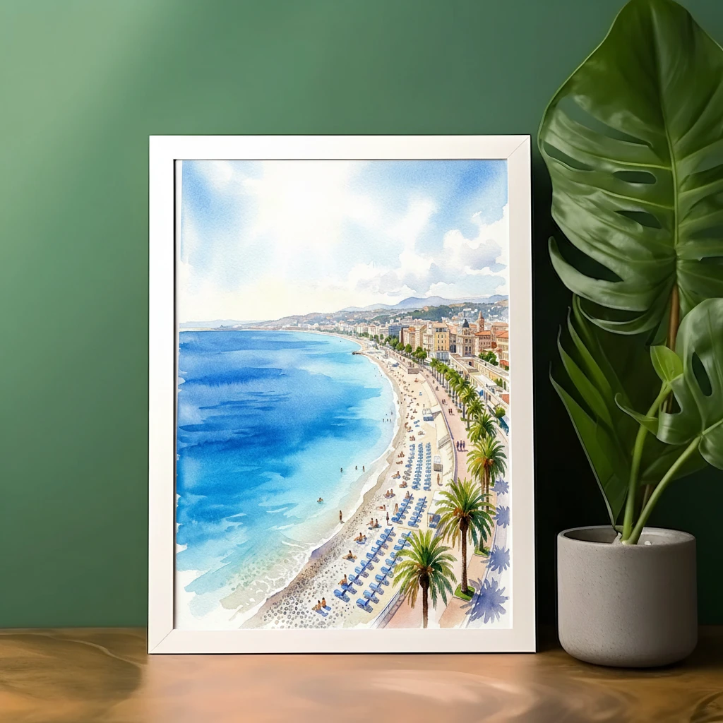 Nice Blue Coastline watercolor art print