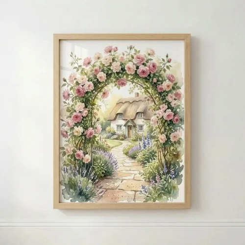 Summer Bower: Cottage Rose Archway Watercolor watercolor art print