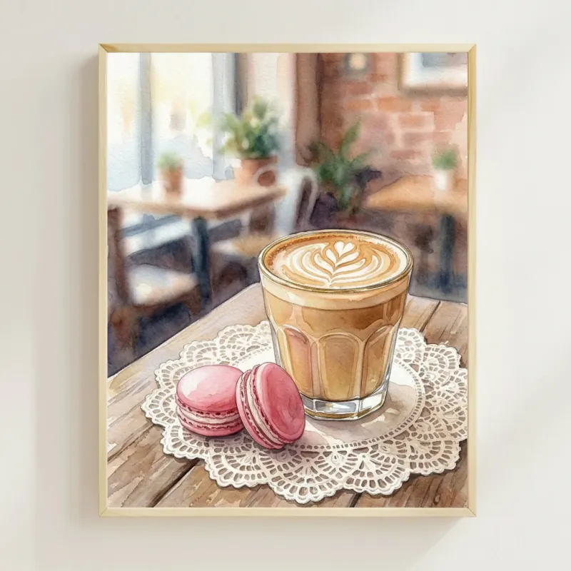 Rosette Latte and Raspberry Macarons print