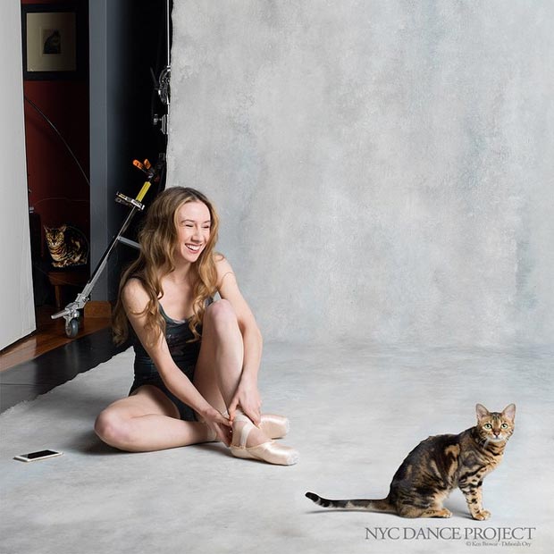 Isabella Boylston on set with Lilly and Pizzie, Bengal Cats