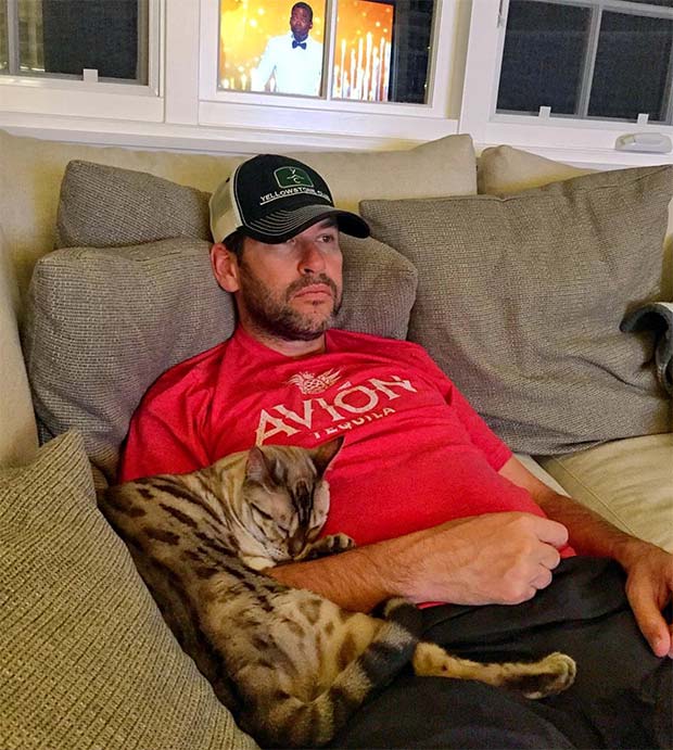 Doug Ellin watching TV cuddling with his Bengal