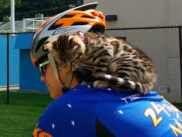 Stephanie riding her bike with Bengal cat on her shoulders