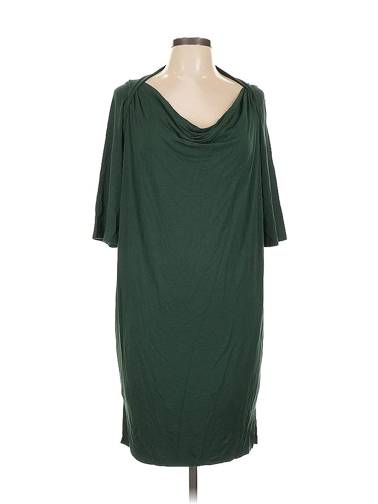 Les Lunes Casual Dress: Green Solid Pattern Dresses - Size Large