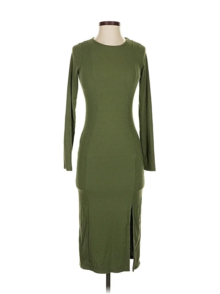 Frankly Apparel Casual Dress: Green Solid Pattern Dresses - Size X-Small