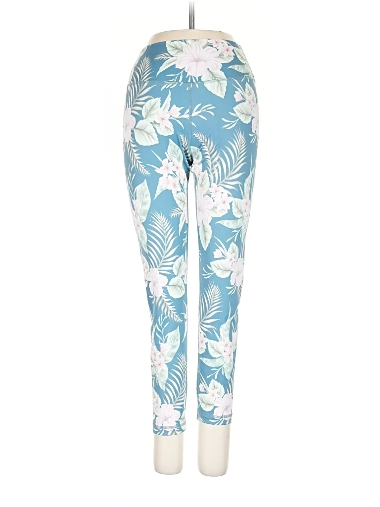 Kavala Leggings: Blue Tropical Pattern Bottoms - Size X-Small