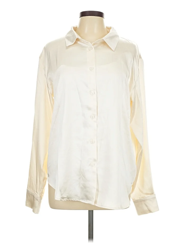 Things Between Long Sleeve Blouse: Ivory Color Block Pattern Tops - Size Large