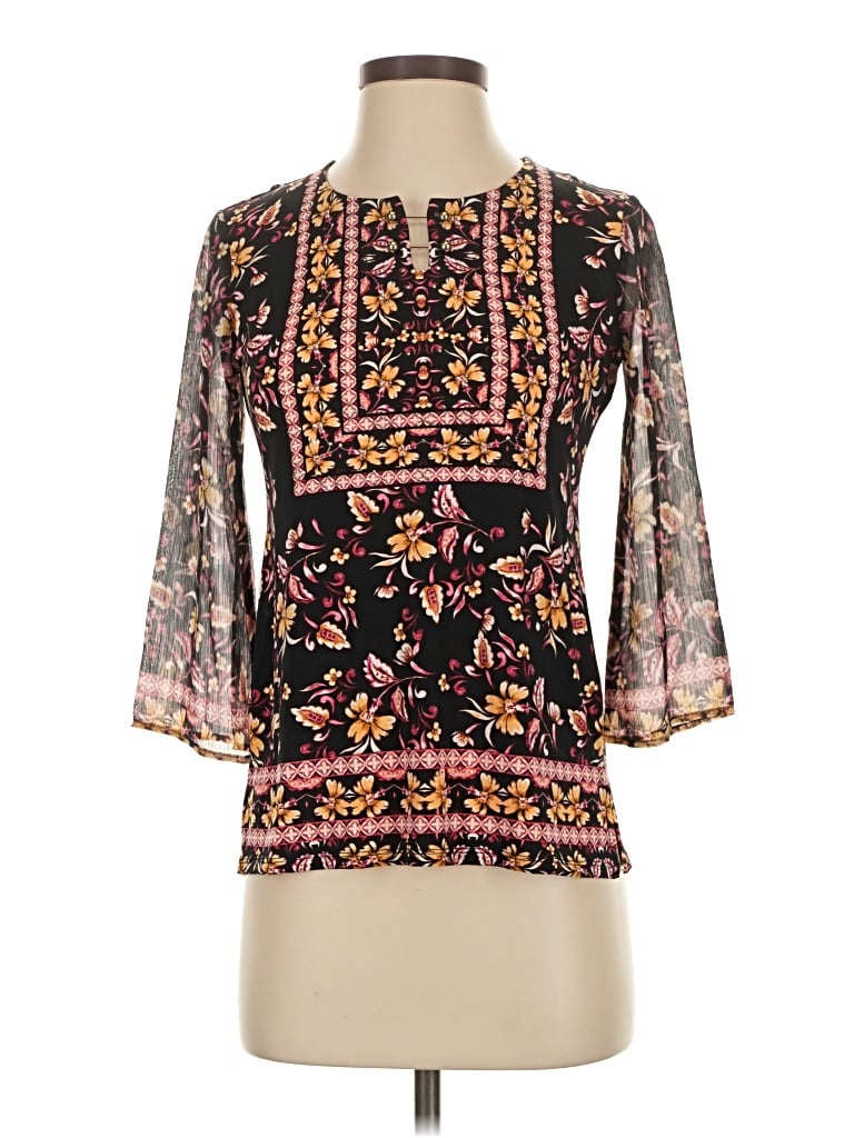 M Collection 3/4 Sleeve Blouse: Black Tops - Size P