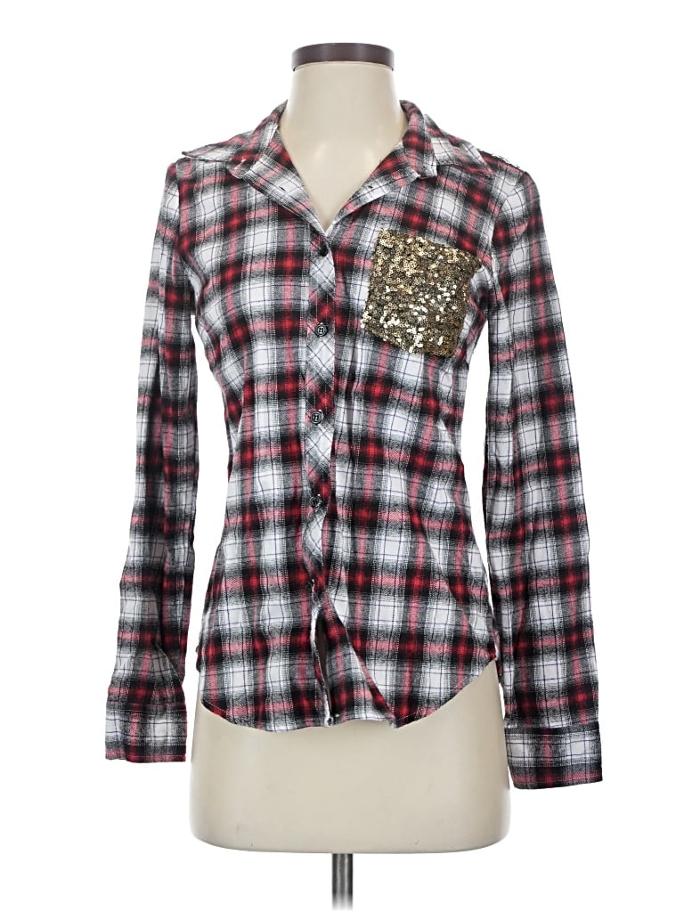 E2 Clothing Long Sleeve Button Down Shirt: Silver Plaid Pattern Tops - Size Small