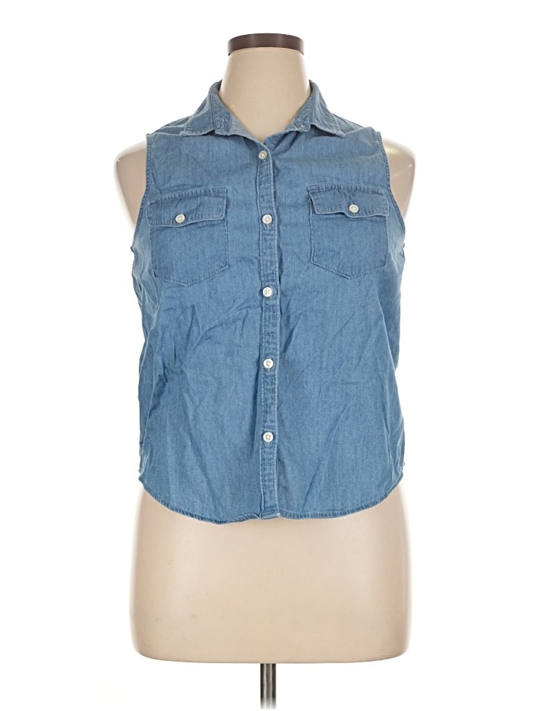 SO Sleeveless Button Down Shirt: Blue Tops - Size X-Large